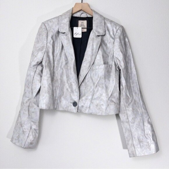 NWT Free People Block Party Metallic Blazer M Silver Vegan Leather Cropped - Picture 2 of 8